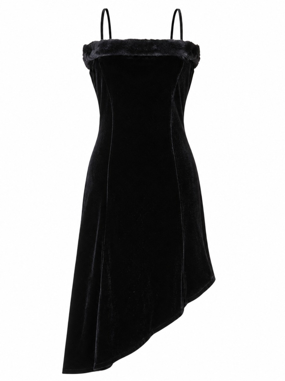 Black Velvet Faux Fur Trim Asymmetrical Dress Y2K Goth Party | M 9-11